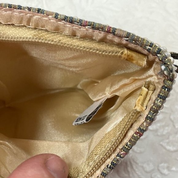 Handmade Beaded Hearts Striped Metallic Fabric Purse Pouch Bag 5.5"x3.75" - Picture 5 of 7